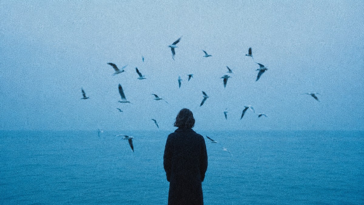 A silhouetted figure standing before a hazy blue sea, birds scattering overhead